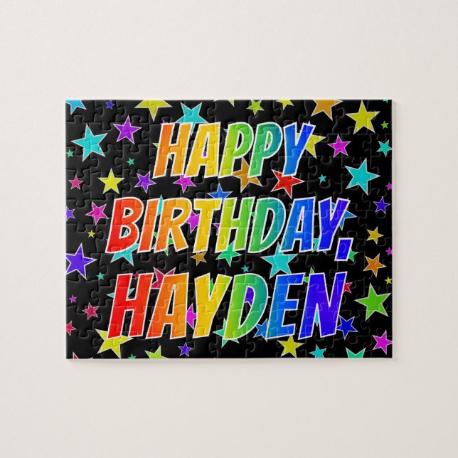 Quebra-cabeça "HAYDEN" Primeiro Nome, Diversão "FELIZ ANIVERSÁRI (Horizontal)