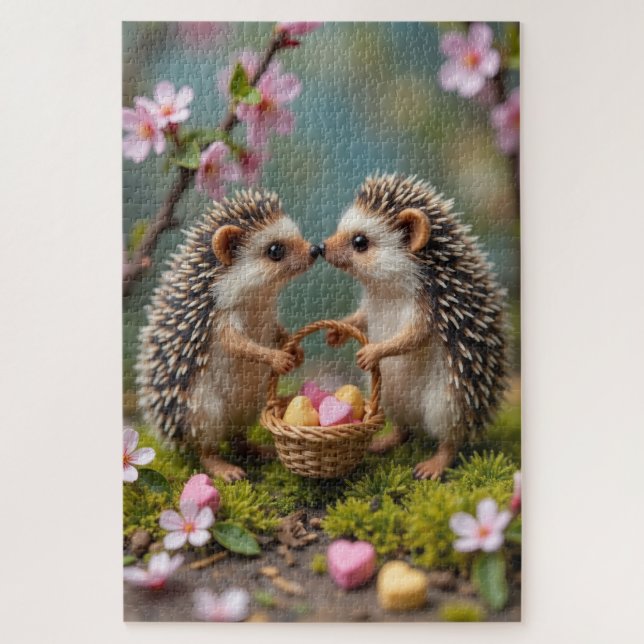 Quebra-cabeça Hedgehogs Carefully Sharing Valentine Hearts (Vertical)