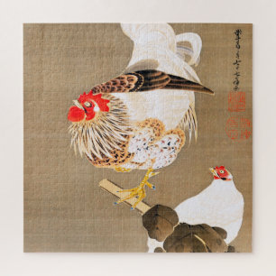 Quebra-cabeça Hen e Rooster com Grapevine por Ito Jakuchu