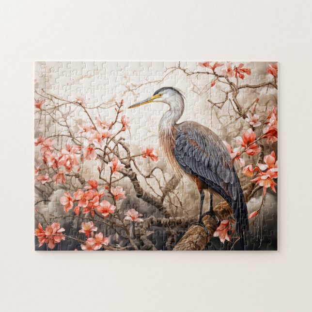 Quebra-cabeça Heron in red foliage pond illustration (Horizontal)