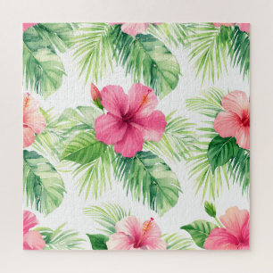Quebra-cabeça Hibisco Rosa Palmeira Tropical Aquarela