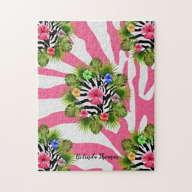 Quebra-cabeça Hibisco tropical e listras exóticas de zebra rosa (Vertical)