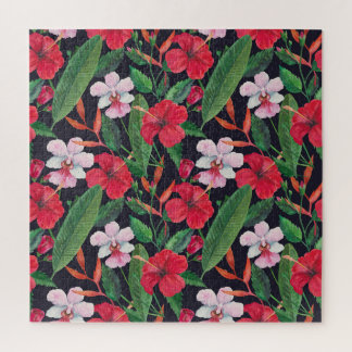 Quebra-cabeça hibisco vermelho, orquídeas, aquarela tropical.