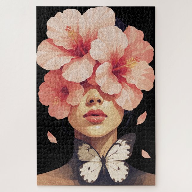 Quebra-cabeça Hibiscus & Borboleta – Botânica Floral Moderna (Vertical)