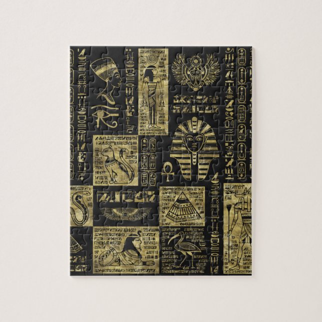 Quebra-cabeça Hieroglyphs e símbolos egípcios no couro preto (Vertical)