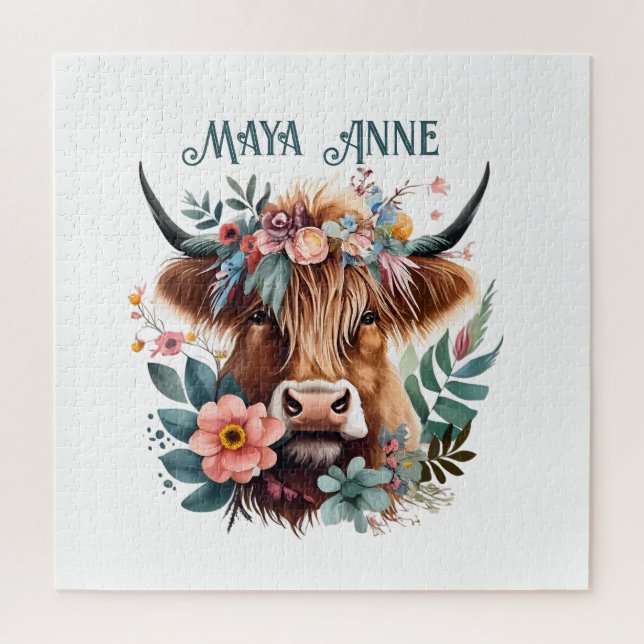 Quebra-cabeça Highland Cow Boho Floral Watercolor (Vertical)