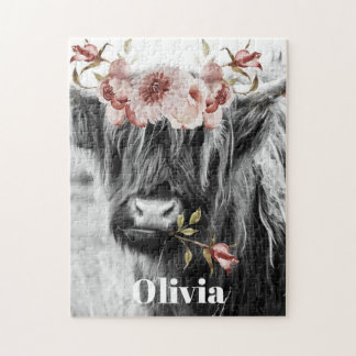 Quebra-cabeça Highland Cow Floral | Nome das Crianças de Cowgirl