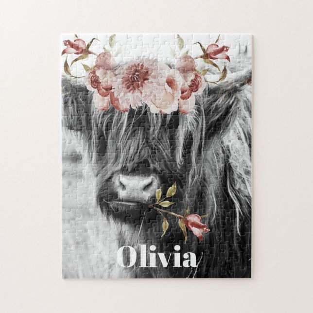 Quebra-cabeça Highland Cow Floral | Nome das Crianças de Cowgirl (Vertical)