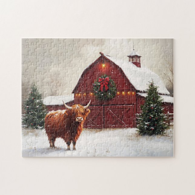 Quebra-cabeça Highland Cow Red Barn Wreath de Natal (Horizontal)