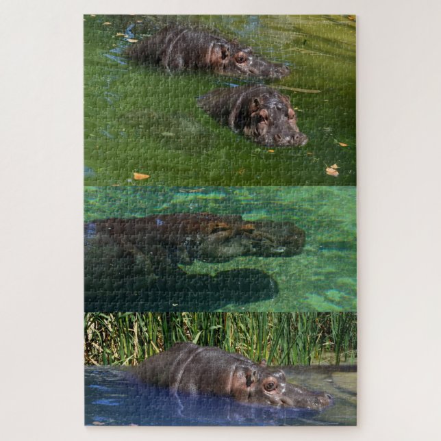 Quebra-cabeça Hipopótamos Felizes Em Um Lago, (Vertical)
