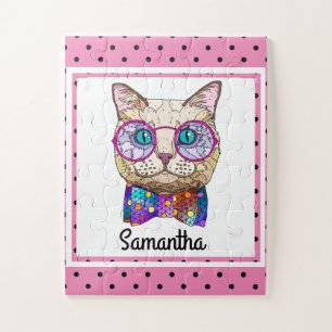 Quebra-cabeça Hipster Cat on Polka Dots, Personalized Kids