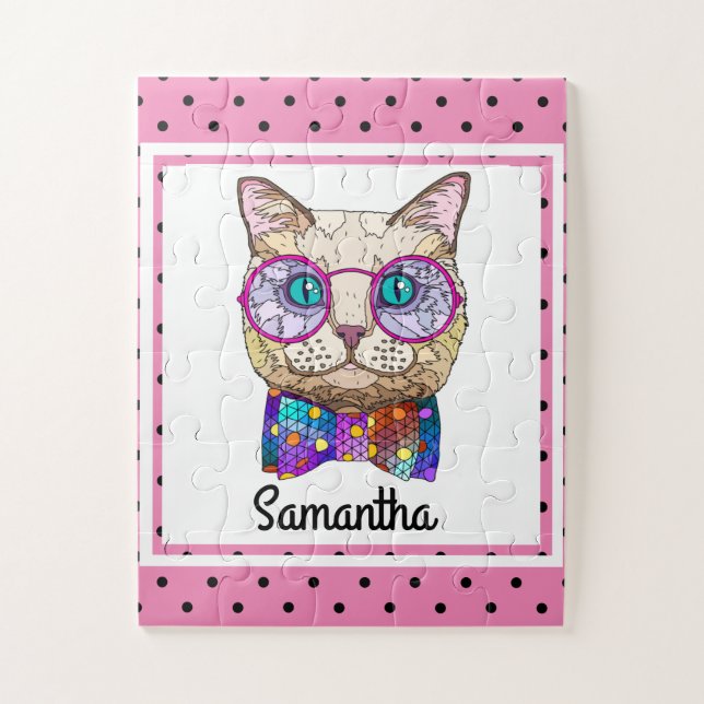 Quebra-cabeça Hipster Cat on Polka Dots, Personalized Kids (Vertical)