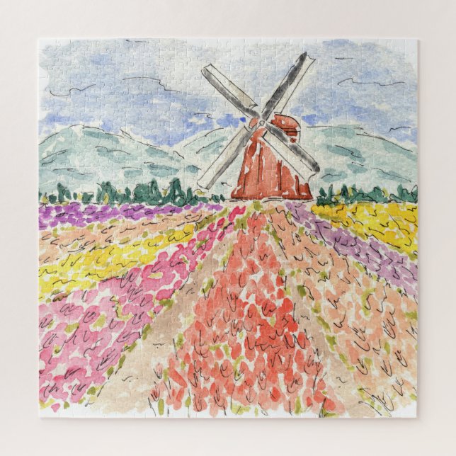 Quebra-cabeça Holandês Tulip Fields Netherlands Watercolor (Vertical)