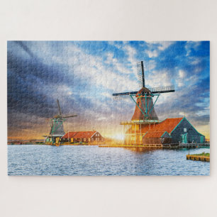 Quebra-cabeça Holandeses Windmills Cloudy Sunset Rotterdam Holla