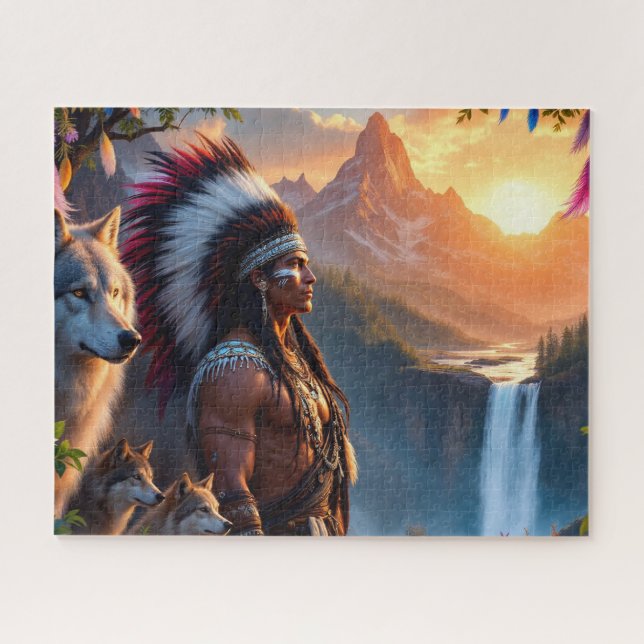 Quebra-cabeça Homem Nativo Americano Com Lobo (Horizontal)