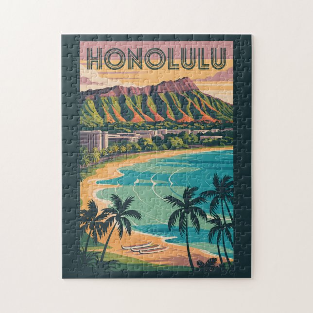 Quebra-cabeça Honolulu Hawaii Ilustração Viagem Art Vintage (Vertical)
