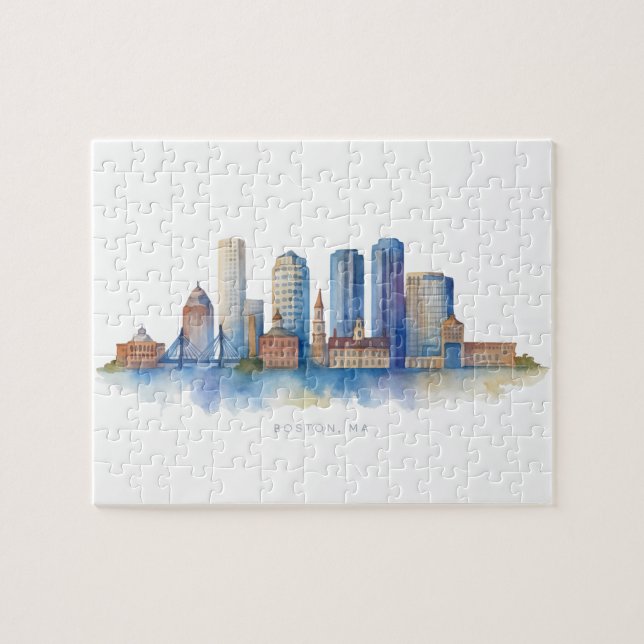 Quebra-cabeça Horizonte de Boston em Aquarela | Moderno Boston M (Horizontal)