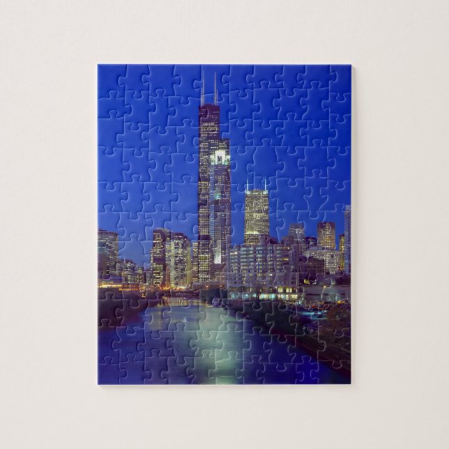 Quebra-cabeça Horizonte de Chicago, Illinois, à noite com Chicag (Vertical)