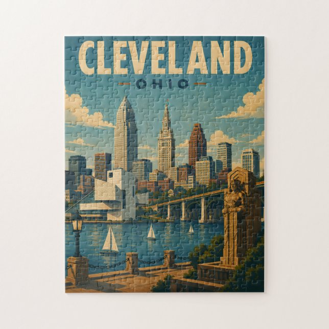 Quebra-cabeça Horizonte de Cleveland Ohio Antigo (Vertical)