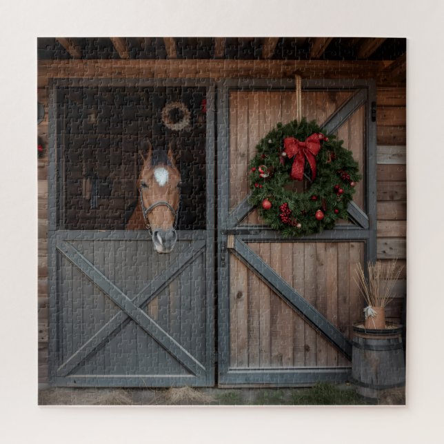 Quebra-cabeça Horse Barn Christmas Wood Art (Vertical)