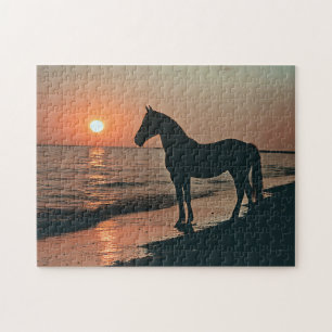 Quebra-cabeça Horse Silhouette Sunset pelo Oceano
