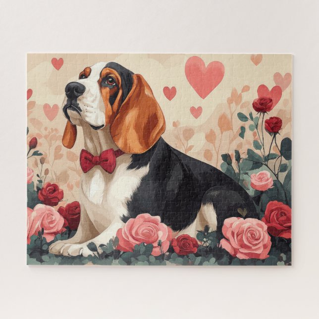 Quebra-cabeça Hound Basset com Rosas - Dia de os namorados (Horizontal)
