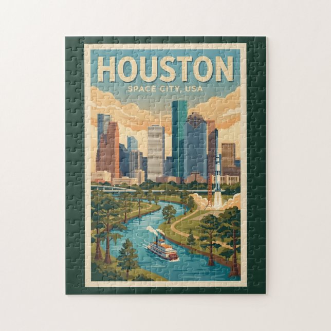 Quebra-cabeça Houston Texas Illustration Travel Art Vintage (Vertical)