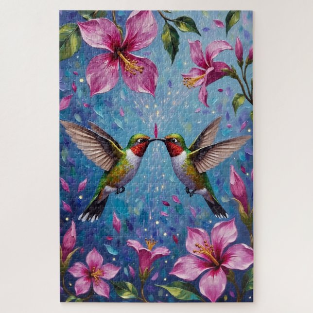 Quebra-cabeça Hummingbird Couple Iridescent Flower Love (Vertical)