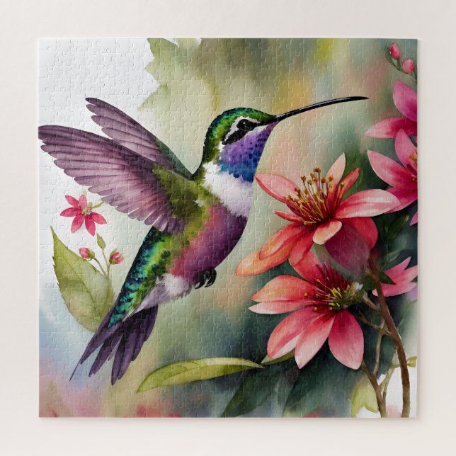 Quebra-cabeça Hummingbird E Flores Aquarela (Vertical)