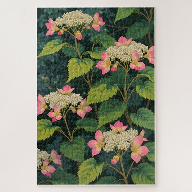 Quebra-cabeça Hydrangea Harmony - JiPuzzle Floral Japonês Retroa (Vertical)