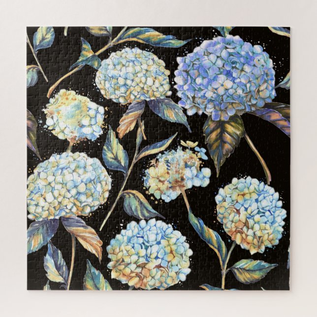 Quebra-cabeça Hydrangea Watercolor Azul: Padrão Escuro Sem Costu (Vertical)