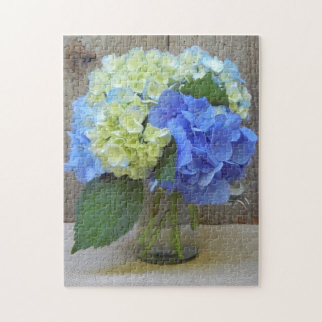 Quebra-cabeça Hydrangeas Blue Mason Jar Fotografia Floral (Vertical)
