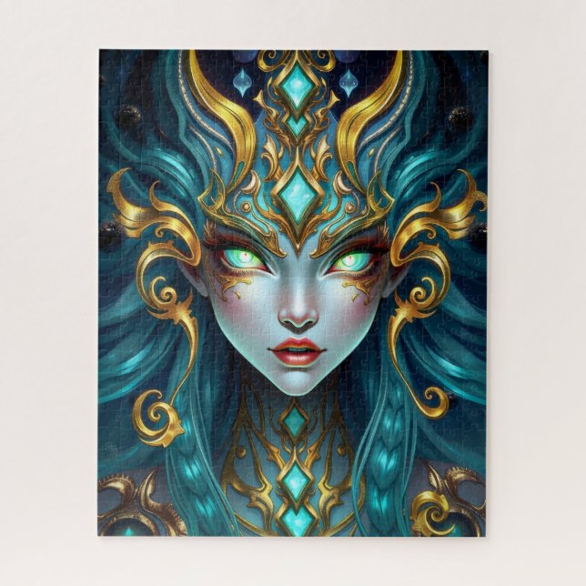 Quebra-cabeça Hypnotic Neon Goddess with Glowing Spiral Eyes (Vertical)