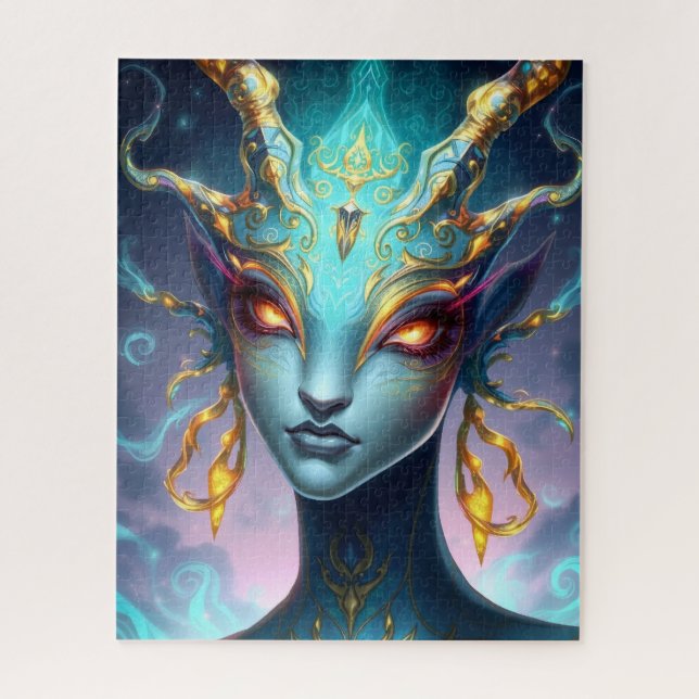 Quebra-cabeça Hypnotic Teal Goddess with Glowing Spiral Eyes (Vertical)