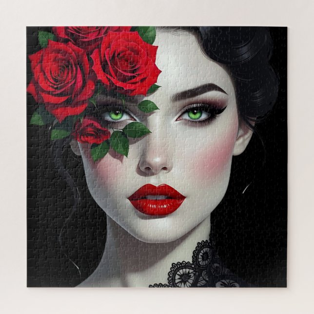 Quebra-cabeça I Love You | Beautiful Woman with Red Rose (Vertical)