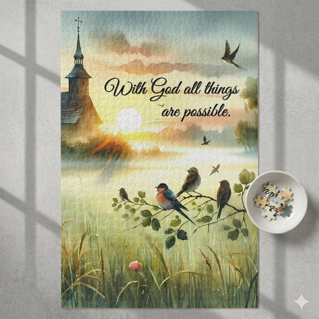 Quebra-cabeça Igreja ao Nascer do Sol com Pássaros em Prado Nebu (Sunrise Church with Birds in Misty Meadow Jigsaw Puzzle)