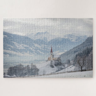 Quebra-cabeça Igreja com Alpes em Zillertal, Áustria no inverno