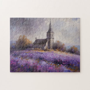 Quebra-cabeça Igreja russa e pintura de campo de flor selvagem r