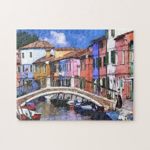 Quebra-cabeça Ilha Colorida Burano Na Arte Por Aquarela De Venez