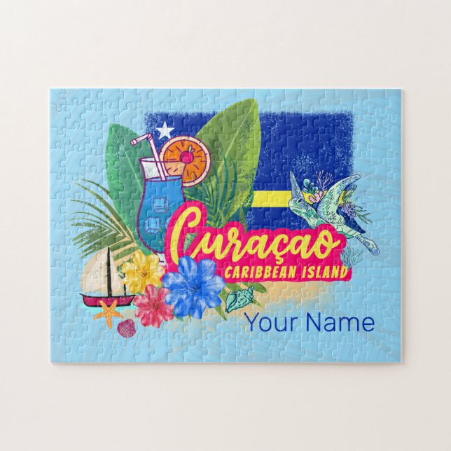 Quebra-cabeça Ilha de caribe Retro Curacao com vinheta de tartar (Horizontal)