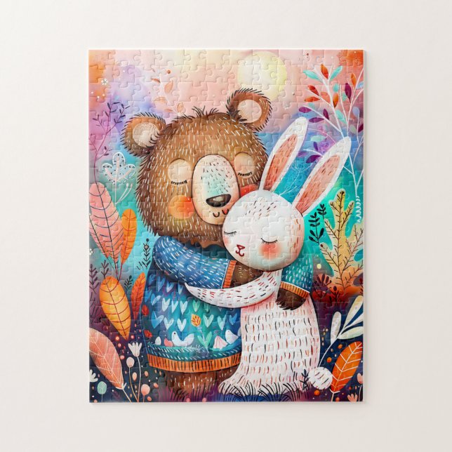 Quebra-cabeça Illustration of bear hugging rabbit in forest. (Vertical)
