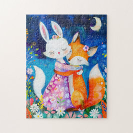 Quebra-cabeça Illustration of fox hugging rabbit in the night