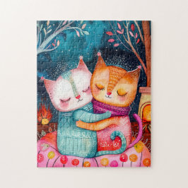 Quebra-cabeça Illustration of two cats hugging in a cozy setting