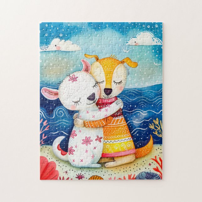 Quebra-cabeça Illustration of two dogs playing at the beach (Vertical)