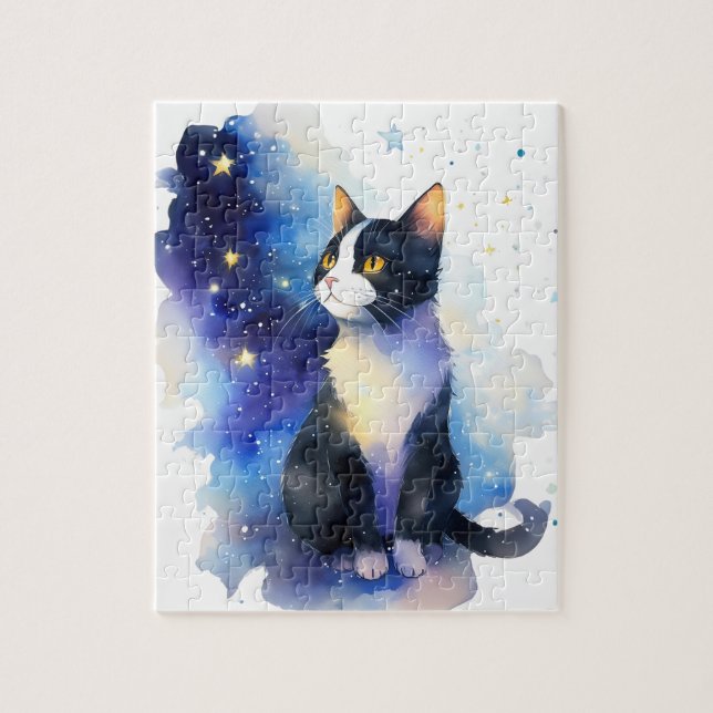 Quebra-cabeça Ilustração Adorável de Aquarela Tuxedo Cat (Vertical)