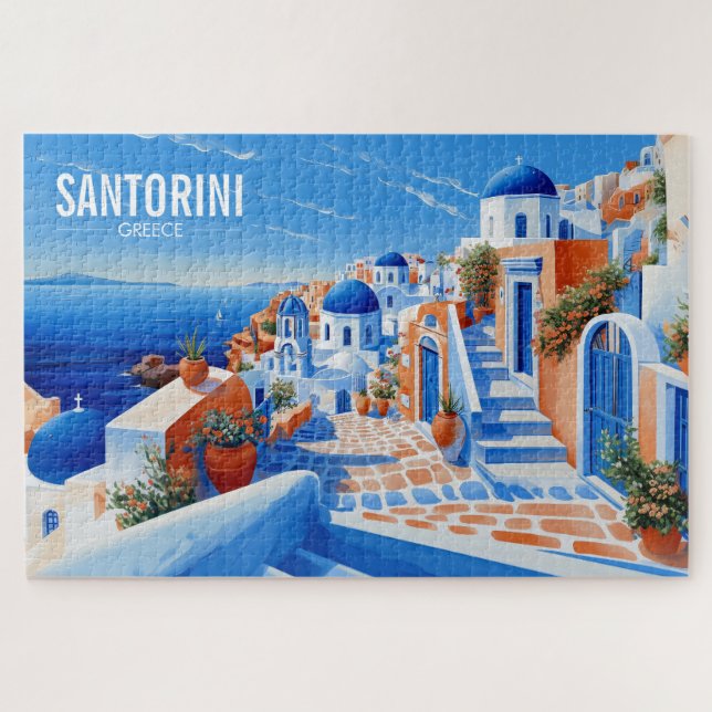 Quebra-cabeça Ilustração da Ilha Santorini | Viagem Art (Horizontal)