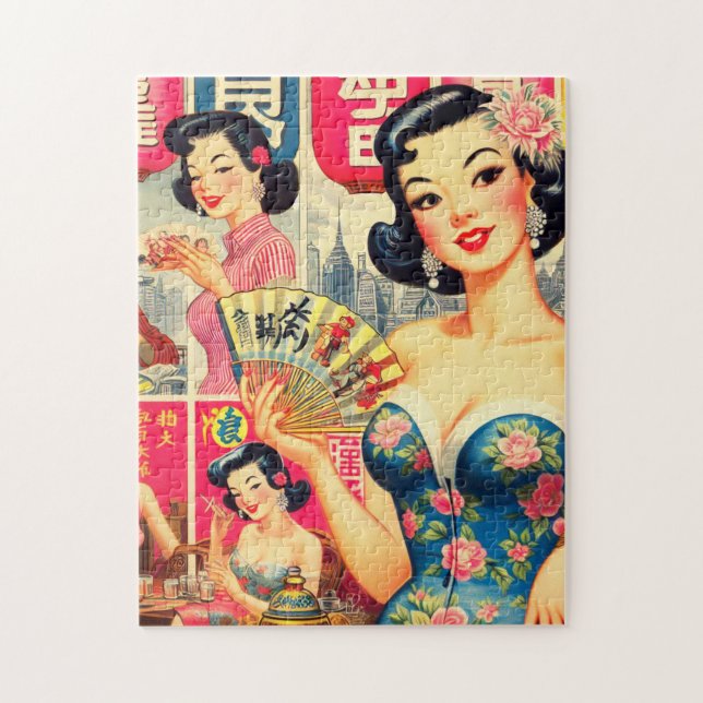 Quebra-cabeça Ilustração das Meninas Japonesas Bonitas Vintage (Vertical)