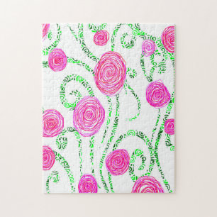 Quebra-cabeça Ilustração das vidraças de flores verdes e rosa