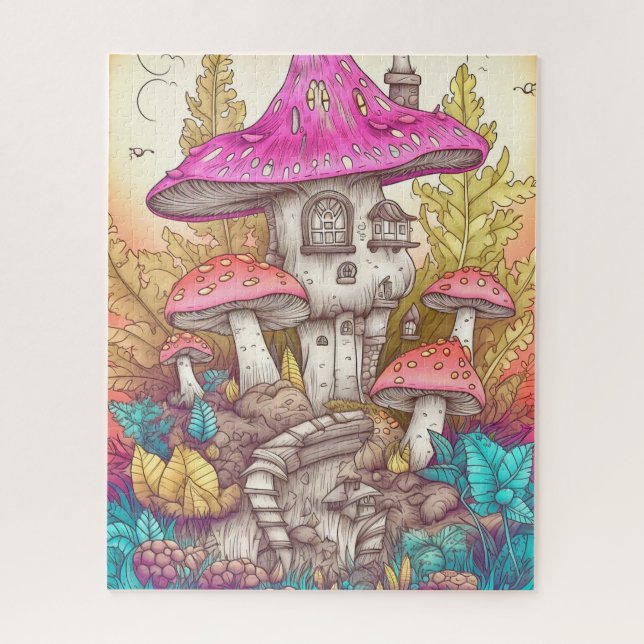 Quebra-cabeça Ilustração de Arte da Vila de Cogumelos Retro (Vertical)
