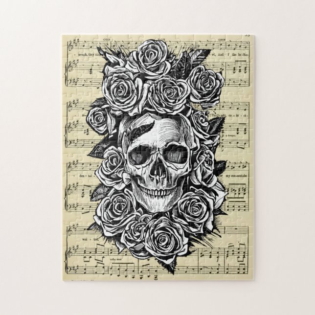 Quebra-cabeça Ilustração de arte de rosas de caveira humana góti (Vertical)
